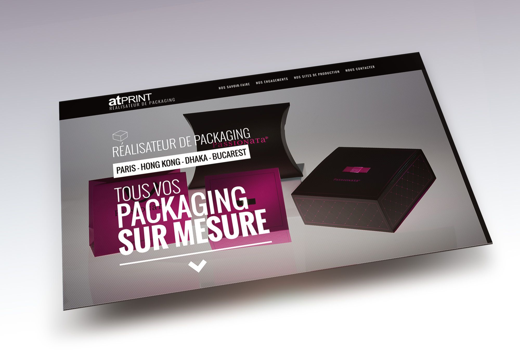 Site responsive one page réalisé par la Manufacture Parisienne de Sites Internet pour la société AtPrint Online, réalisateur de packaging