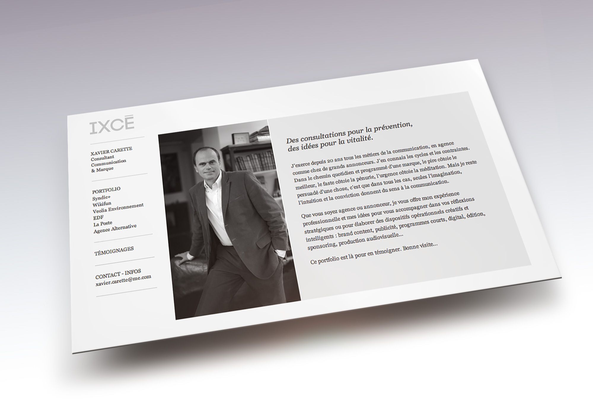 Site vitrine responsive one page IXCÉ réalisé pour Xavier Carette, consultant communication et marque, sur une base WordPress